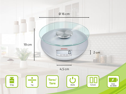 Soehnle Küchenwaage Roma mit 5 kg Tragkraft und 1-g-Wiegepräzision, Küchenwaage digital mit praktischer Zuwiegefunktion (Tara),Waage für die Küche mit LCD-Anzeige und Abschaltautomatik, Silber