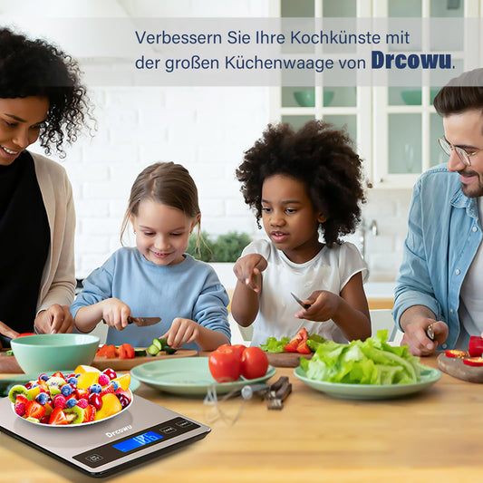 Drcowu Küchenwaage Digitale 15 kg, Küchenwaage Digital Wasserdicht mit LCD-Anzeige, Multifunktions-Lebensmittelwaage, Hohe Präzision auf bis zu 1g, Tara-Funktion, Touch-Taste, Großer Edelstahl-Panel