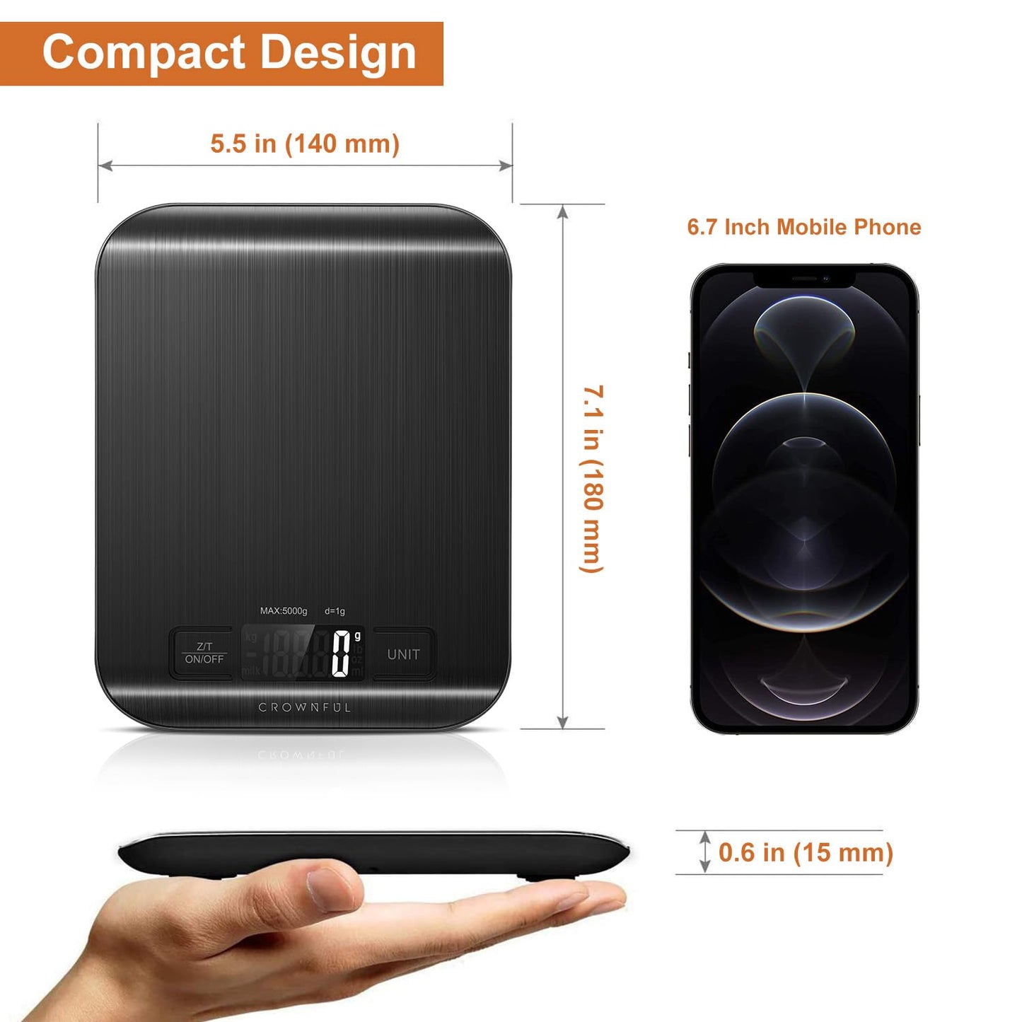 CROWNFUL Küchenwaage digital, 5KG Digitale Küchenwaage mit LCD-Display, Gewicht Unzen und Gramm zum Kochen und Backen, 6 Einheiten mit Tara-Funktion, 304 Edelstahl (Schwarz)