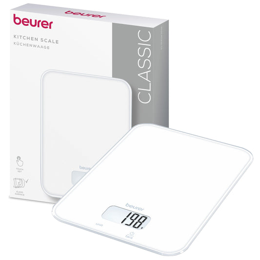 Beurer KS 19 Pure White digitale Küchenwaage, Tragkraft bis zu 5 kg (1-g-genaue Einteilung), Haushaltswaage mit Sensor-Touch, Lebensmittelwaage inkl. Batterien, ultraflaches Design, weiß