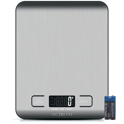 NUTRI FIT Digitale Küchenwaage aus Edelstahl, ultraflache Elektronische Kochwaage Lebensmittelwaage, 4 Einheiten, 5kg/11lb, LCD-Anzeige, AAA Batterien-Silbergrau