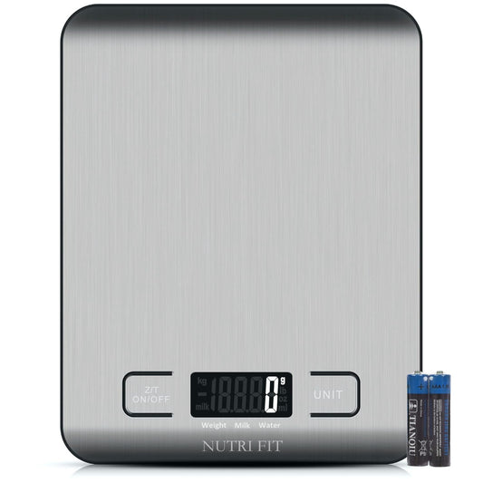 NUTRI FIT Digitale Küchenwaage aus Edelstahl, ultraflache Elektronische Kochwaage Lebensmittelwaage, 4 Einheiten, 5kg/11lb, LCD-Anzeige, AAA Batterien-Silbergrau