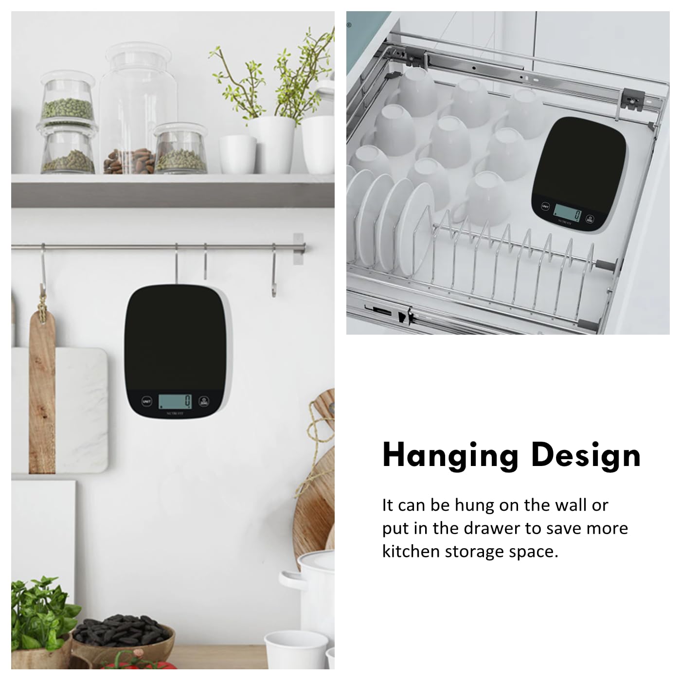 NUTRI FIT Digitale Küchenwaage, ultradünn, elektronische Multifunktionsküchenwaage, großes Display, Kunststoffplattform, 5 kg, Schwarz