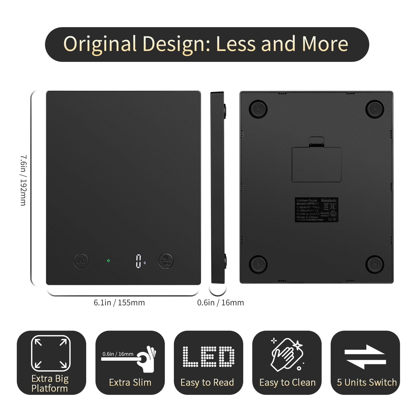 Homebuds 10kg Küchenwaage Digital in Hohe Präzision 1g, Unsere eigene Waage Küchenwaage Professionelle Fabrik SINCE 2001, Feinwaage zum Kochen und Backen, LED, 3*AAA Enthalten, Schwarz