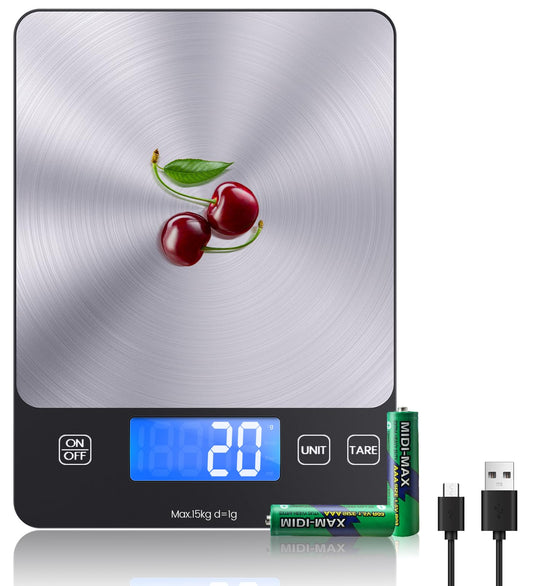 Digitale Küchenwaage, USB C Elektronik Küchenwaage, 15 kg Hochpräzise 1g/0.03oz Lebensmittelwaage, Professionell mit harter Funktion, Batterien enthalten （food scale）