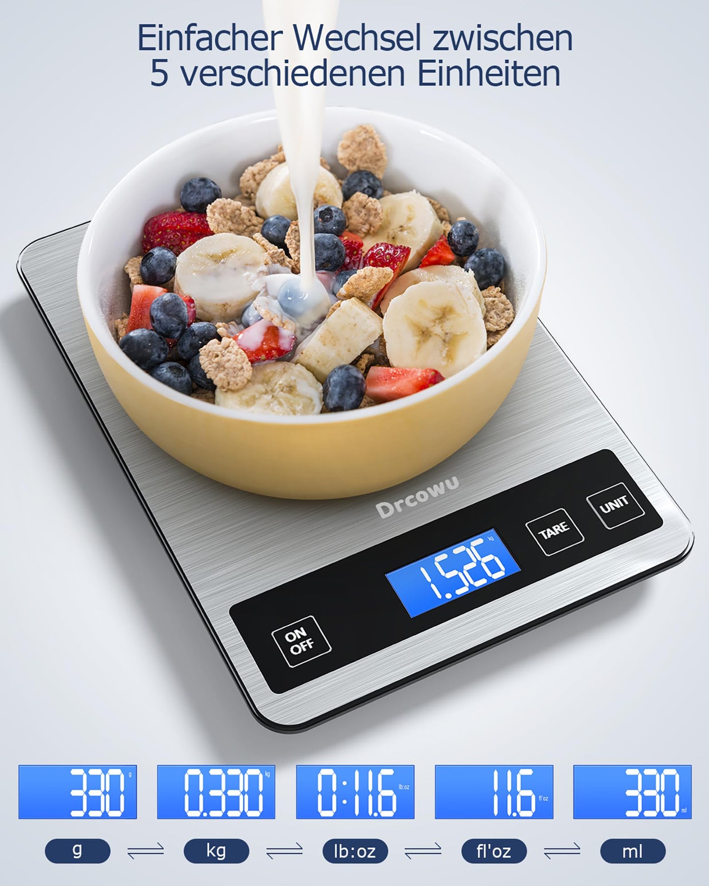 Drcowu Küchenwaage Digitale 15 kg, Küchenwaage Digital Wasserdicht mit LCD-Anzeige, Multifunktions-Lebensmittelwaage, Hohe Präzision auf bis zu 1g, Tara-Funktion, Touch-Taste, Großer Edelstahl-Panel