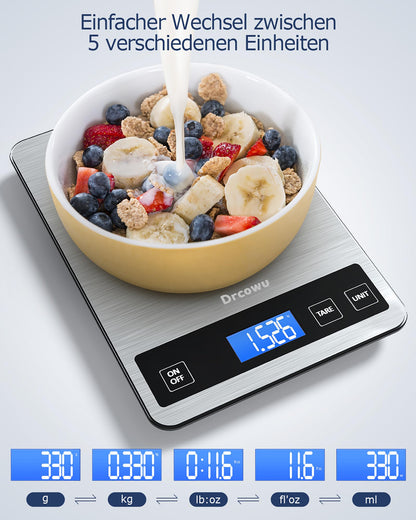 Drcowu Küchenwaage Digitale 15 kg, Küchenwaage Digital Wasserdicht mit LCD-Anzeige, Multifunktions-Lebensmittelwaage, Hohe Präzision auf bis zu 1g, Tara-Funktion, Touch-Taste, Großer Edelstahl-Panel