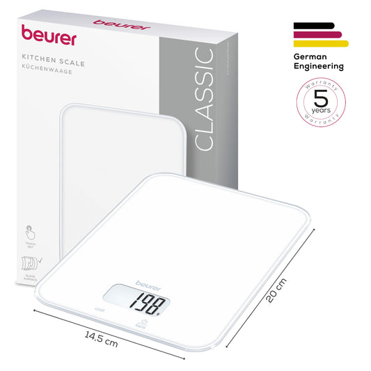 Beurer KS 19 Pure White digitale Küchenwaage, Tragkraft bis zu 5 kg (1-g-genaue Einteilung), Haushaltswaage mit Sensor-Touch, Lebensmittelwaage inkl. Batterien, ultraflaches Design, weiß