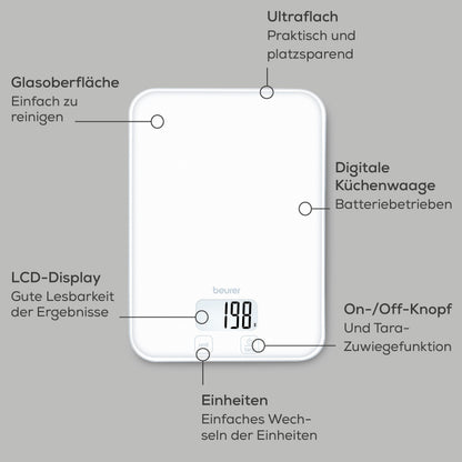 Beurer KS 19 Pure White digitale Küchenwaage, Tragkraft bis zu 5 kg (1-g-genaue Einteilung), Haushaltswaage mit Sensor-Touch, Lebensmittelwaage inkl. Batterien, ultraflaches Design, weiß