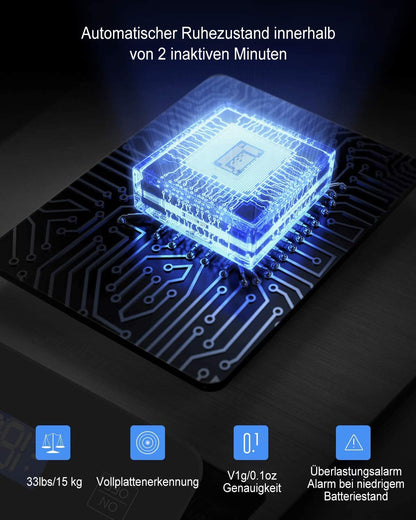 Drcowu Küchenwaage Digitale 15 kg, Küchenwaage Digital Wasserdicht mit LCD-Anzeige, Multifunktions-Lebensmittelwaage, Hohe Präzision auf bis zu 1g, Tara-Funktion, Touch-Taste, Großer Edelstahl-Panel