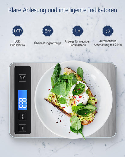 Drcowu Küchenwaage Digitale 15 kg, Küchenwaage Digital Wasserdicht mit LCD-Anzeige, Multifunktions-Lebensmittelwaage, Hohe Präzision auf bis zu 1g, Tara-Funktion, Touch-Taste, Großer Edelstahl-Panel