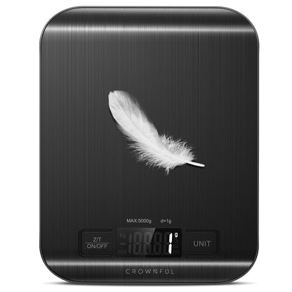 CROWNFUL Küchenwaage digital, 5KG Digitale Küchenwaage mit LCD-Display, Gewicht Unzen und Gramm zum Kochen und Backen, 6 Einheiten mit Tara-Funktion, 304 Edelstahl (Schwarz)