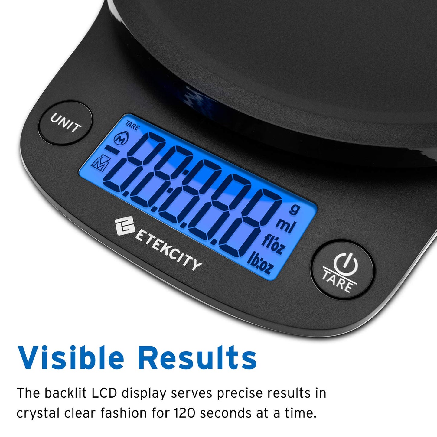 Etekcity Küchenwaage, digital 0,1g genau, 5kg Waage, Großes LCD-Display, Präzisionswaage mit Tare-Funktion, Waage Küche zum Lebensmittel Schmuck - 5KG-0,1g - Tiefschwarz