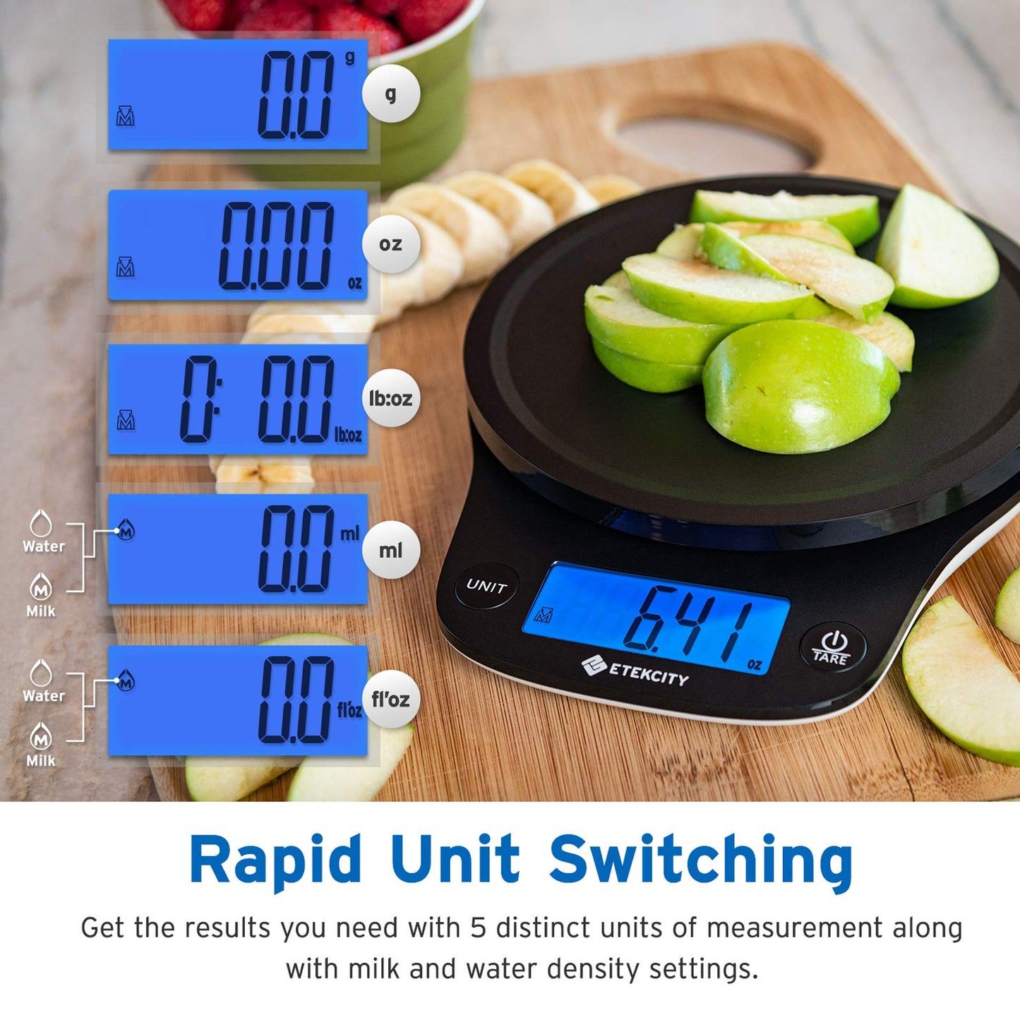 Etekcity Küchenwaage, digital 0,1g genau, 5kg Waage, Großes LCD-Display, Präzisionswaage mit Tare-Funktion, Waage Küche zum Lebensmittel Schmuck - 5KG-0,1g - Tiefschwarz