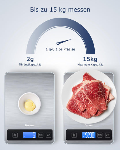 Drcowu Küchenwaage Digitale 15 kg, Küchenwaage Digital Wasserdicht mit LCD-Anzeige, Multifunktions-Lebensmittelwaage, Hohe Präzision auf bis zu 1g, Tara-Funktion, Touch-Taste, Großer Edelstahl-Panel
