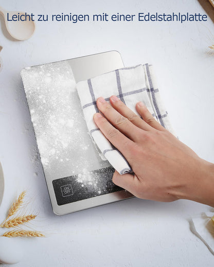 Drcowu Küchenwaage Digitale 15 kg, Küchenwaage Digital Wasserdicht mit LCD-Anzeige, Multifunktions-Lebensmittelwaage, Hohe Präzision auf bis zu 1g, Tara-Funktion, Touch-Taste, Großer Edelstahl-Panel