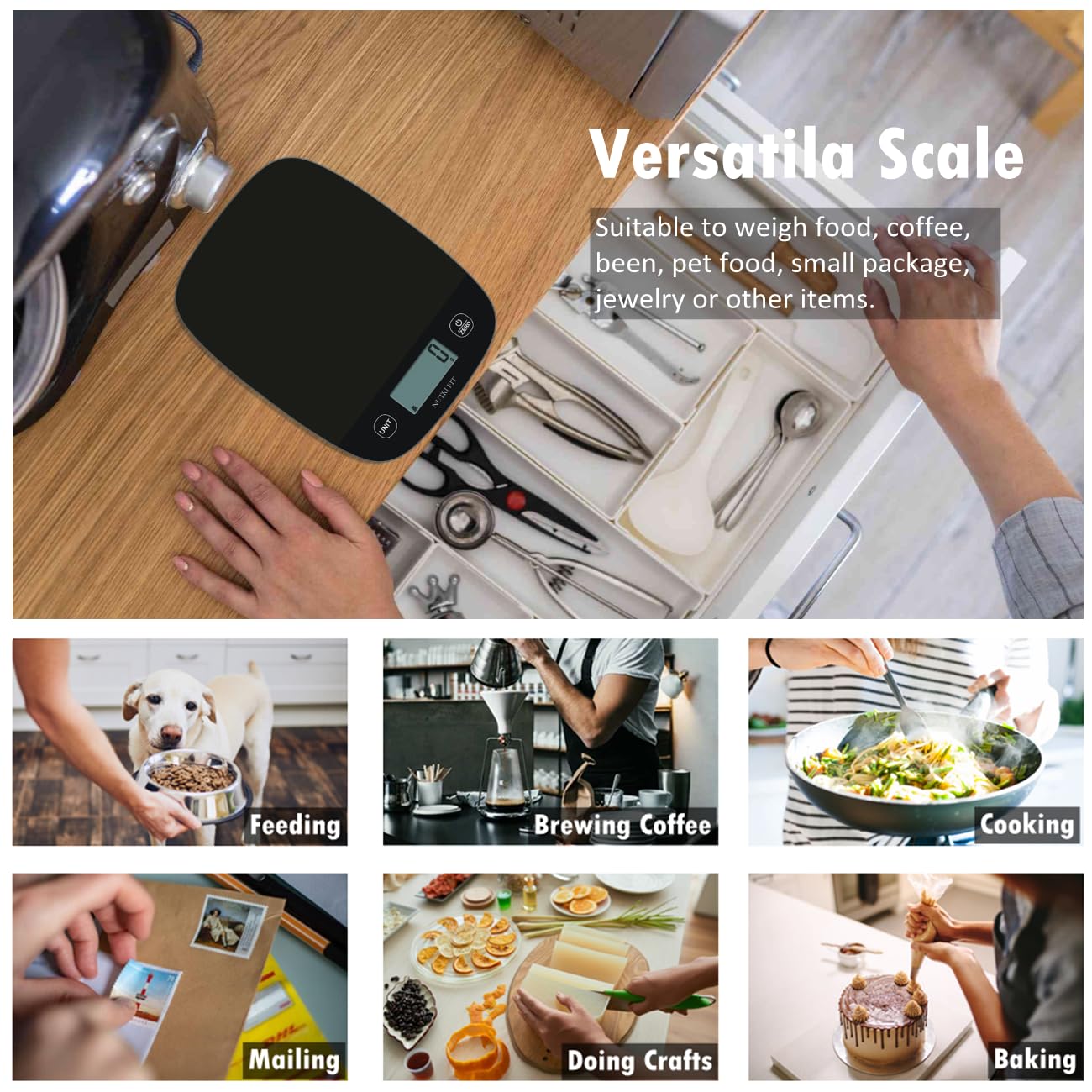 NUTRI FIT Digitale Küchenwaage, ultradünn, elektronische Multifunktionsküchenwaage, großes Display, Kunststoffplattform, 5 kg, Schwarz