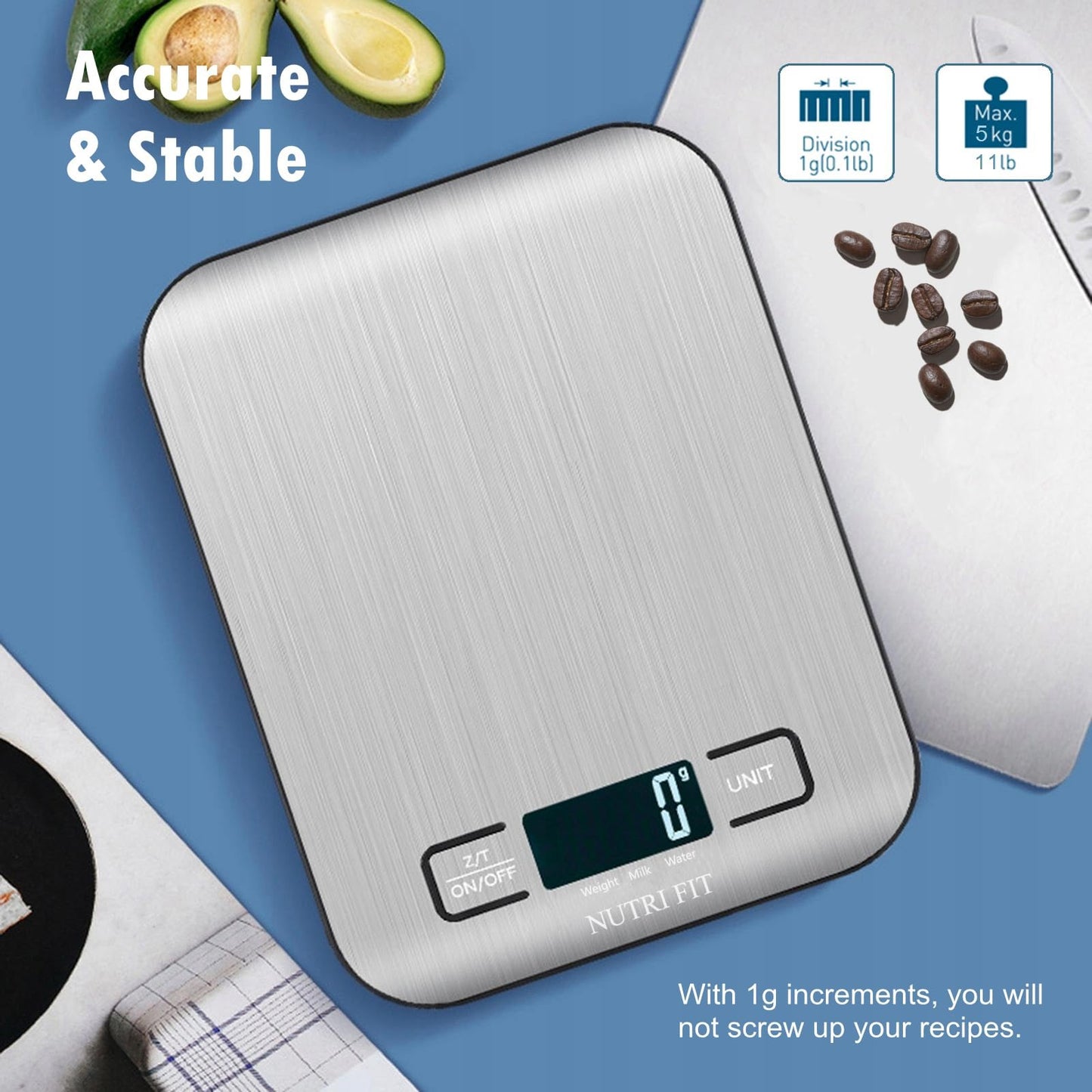 NUTRI FIT Digitale Küchenwaage aus Edelstahl, ultraflache Elektronische Kochwaage Lebensmittelwaage, 4 Einheiten, 5kg/11lb, LCD-Anzeige, AAA Batterien-Silbergrau