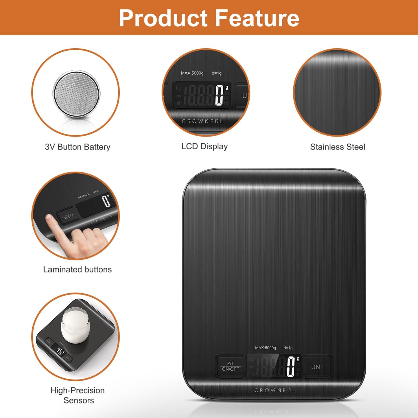 CROWNFUL Küchenwaage digital, 5KG Digitale Küchenwaage mit LCD-Display, Gewicht Unzen und Gramm zum Kochen und Backen, 6 Einheiten mit Tara-Funktion, 304 Edelstahl (Schwarz)