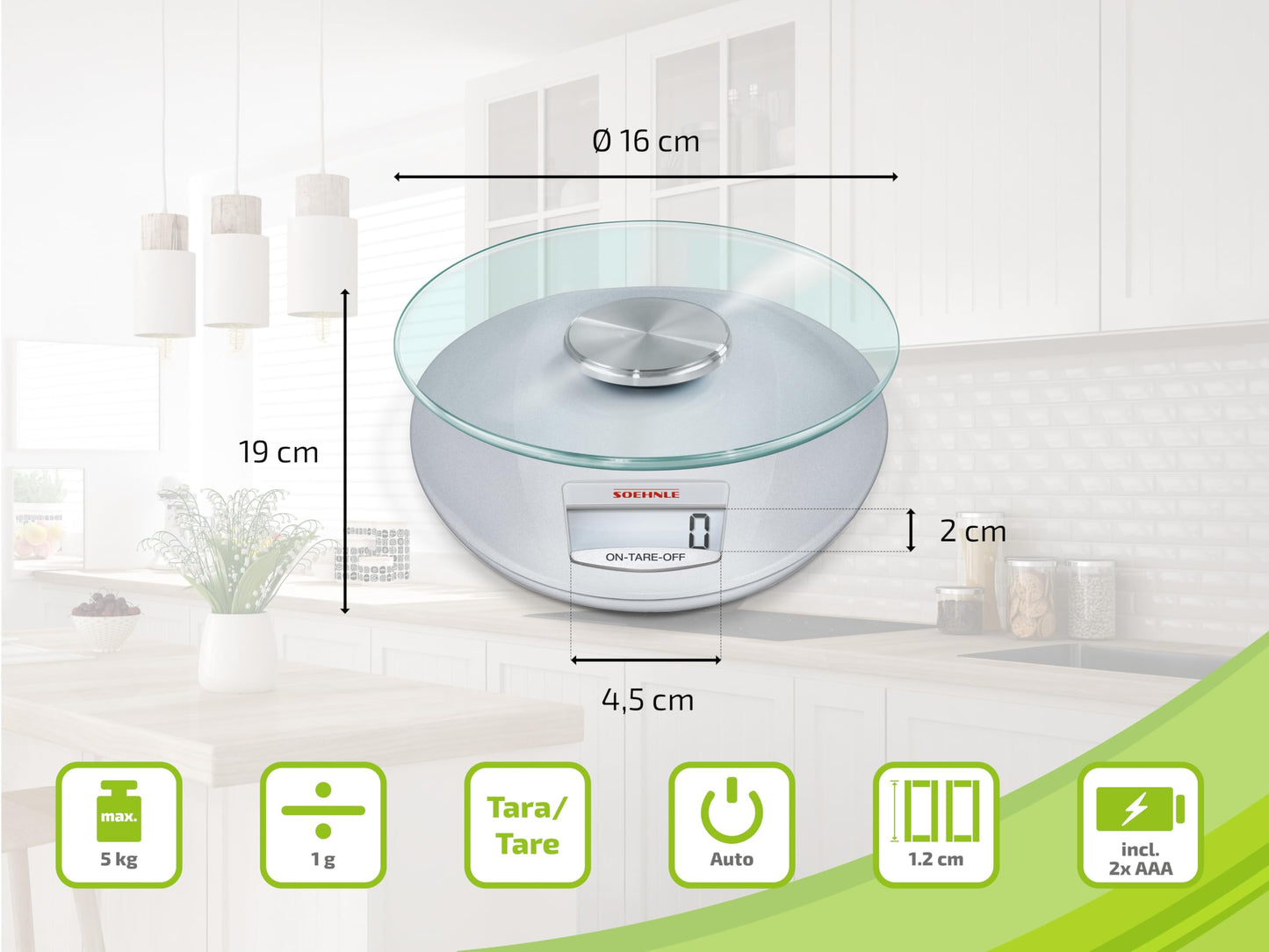 Soehnle Küchenwaage Roma mit 5 kg Tragkraft und 1-g-Wiegepräzision, Küchenwaage digital mit praktischer Zuwiegefunktion (Tara),Waage für die Küche mit LCD-Anzeige und Abschaltautomatik, Silber