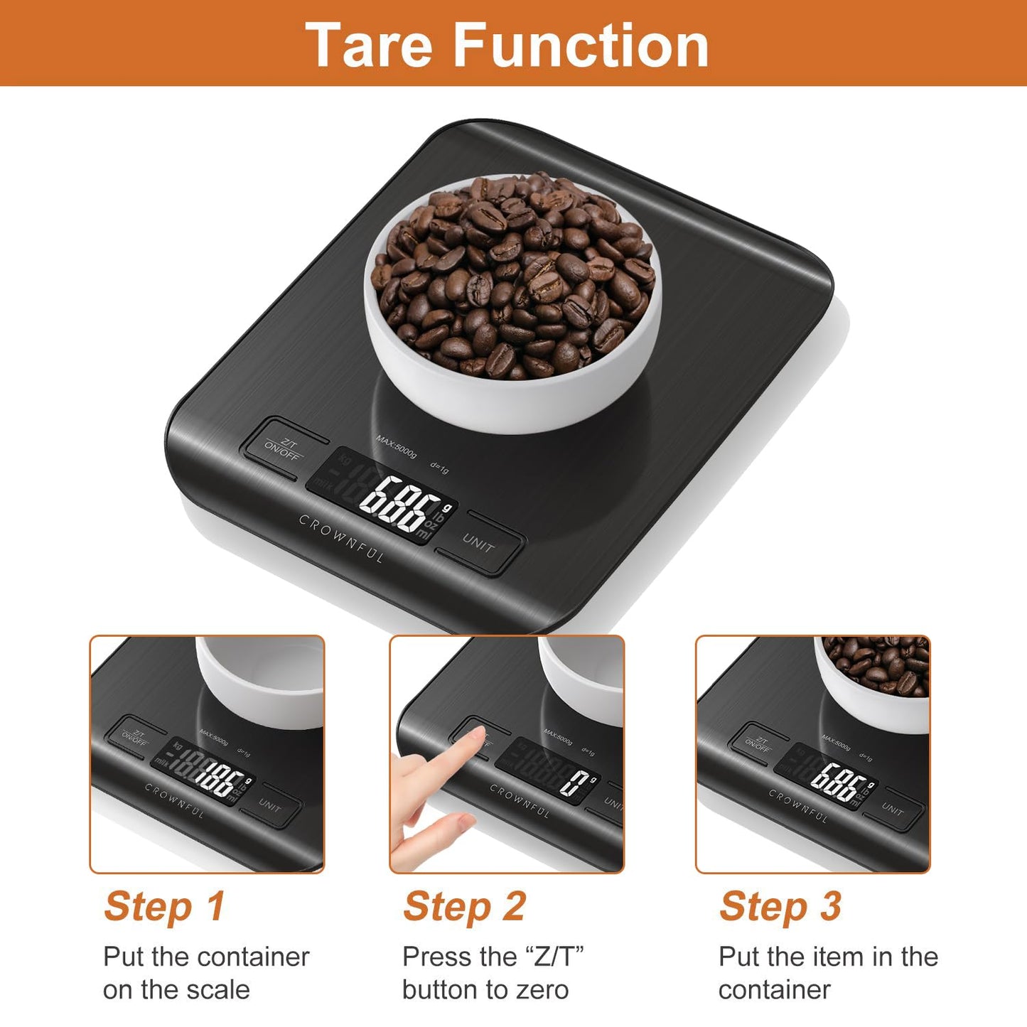 CROWNFUL Küchenwaage digital, 5KG Digitale Küchenwaage mit LCD-Display, Gewicht Unzen und Gramm zum Kochen und Backen, 6 Einheiten mit Tara-Funktion, 304 Edelstahl (Schwarz)