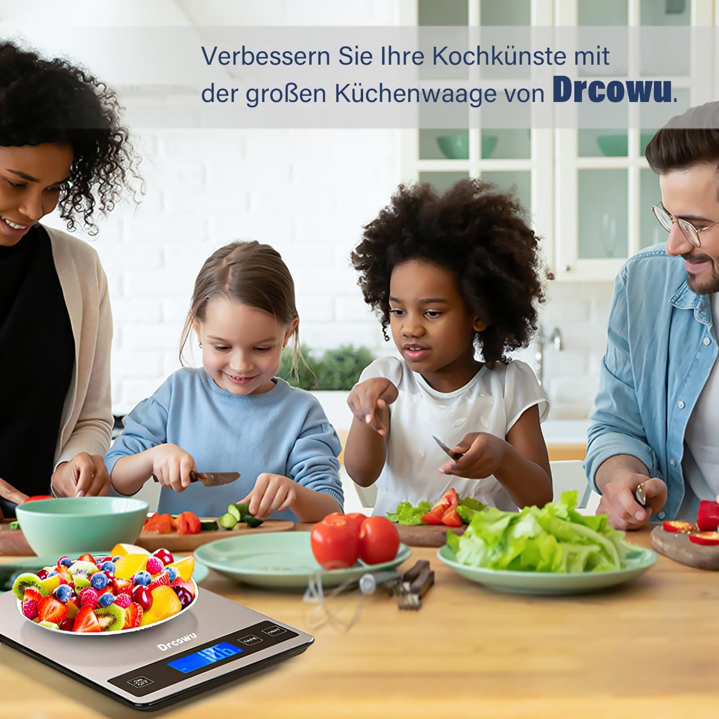 Drcowu Küchenwaage Digitale 15 kg, Küchenwaage Digital Wasserdicht mit LCD-Anzeige, Multifunktions-Lebensmittelwaage, Hohe Präzision auf bis zu 1g, Tara-Funktion, Touch-Taste, Großer Edelstahl-Panel