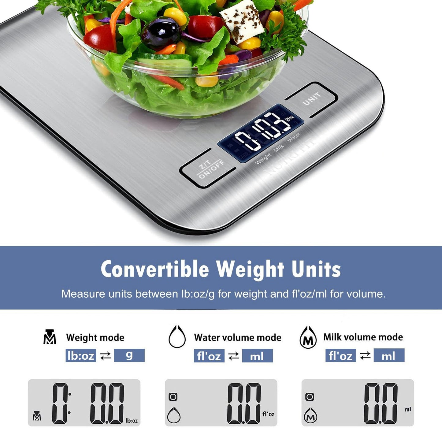 NUTRI FIT Digitale Küchenwaage aus Edelstahl, ultraflache Elektronische Kochwaage Lebensmittelwaage, 4 Einheiten, 5kg/11lb, LCD-Anzeige, AAA Batterien-Silbergrau