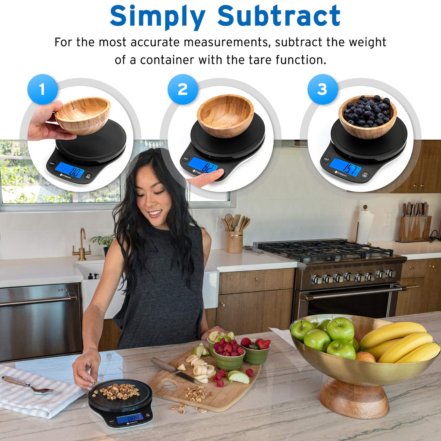 Etekcity Küchenwaage, digital 0,1g genau, 5kg Waage, Großes LCD-Display, Präzisionswaage mit Tare-Funktion, Waage Küche zum Lebensmittel Schmuck - 5KG-0,1g - Tiefschwarz