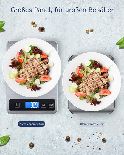Drcowu Küchenwaage Digitale 15 kg, Küchenwaage Digital Wasserdicht mit LCD-Anzeige, Multifunktions-Lebensmittelwaage, Hohe Präzision auf bis zu 1g, Tara-Funktion, Touch-Taste, Großer Edelstahl-Panel